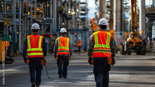 Three Construction Workers Walking Away From Industrial Site