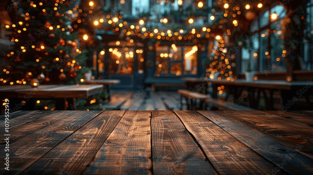 christmas tree wooden surface golden bokeh background product display restaurant interior