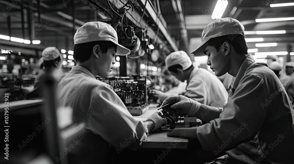Workers Assembling a Product in a Factory Setting Workers Assembling a Product in a Factory Setting