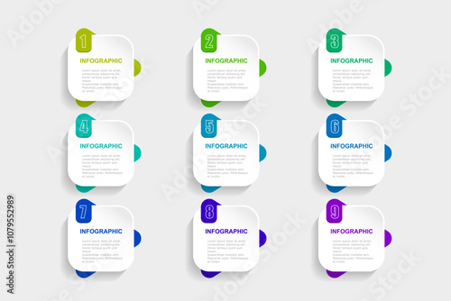 infographic elements template, business concept with 9 steps, white gradient rectangle  with colorful tag design for workflow layout, diagram, annual report, web design.Creative banner, label vector