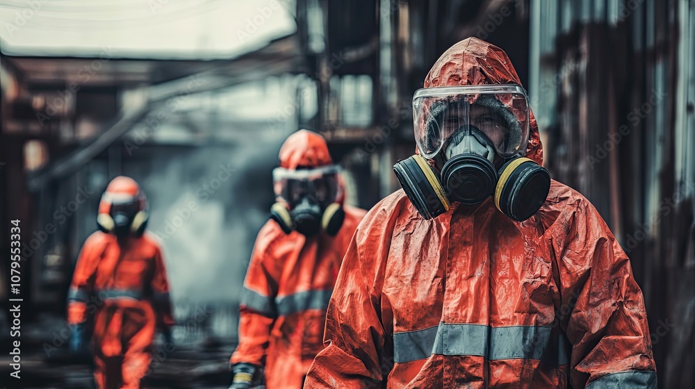 Obraz premium Hazmat Team in Orange Suits and Gas Masks in a Damaged Building