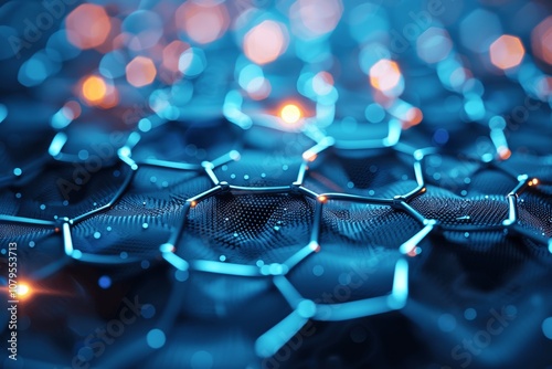 Blue-hued futuristic nanotech with glowing honeycomb lattice structures, representing biotech and scientific advancements photo