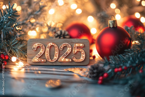 A colorful festive setup showcasing Happy New Year 2025 with vibrant Christmas ornaments and lush greenery all around