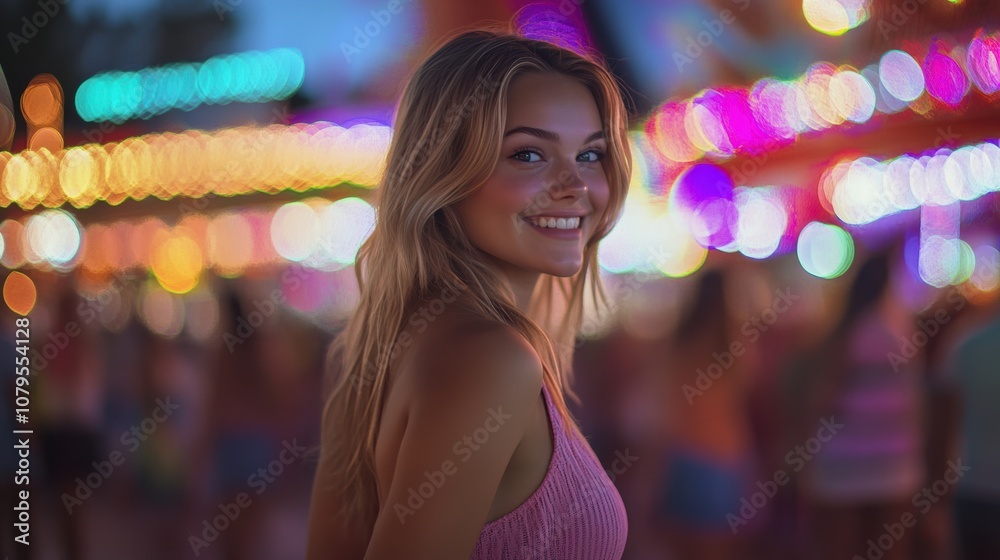 A joyful young blonde woman smiles brightly at a night festival, surrounded by vibrant, colorful bokeh lights. Her carefree expression captures the lively energy of the urban event. A joyful young blonde woman smiles brightly at a night festival, surrounded by vibrant, colorful bokeh lights. Her carefree expression captures the lively energy of the urban event.
