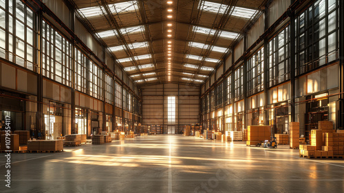 Wallpaper Mural Spacious industrial warehouse with sunlight illuminating stacked boxes Torontodigital.ca