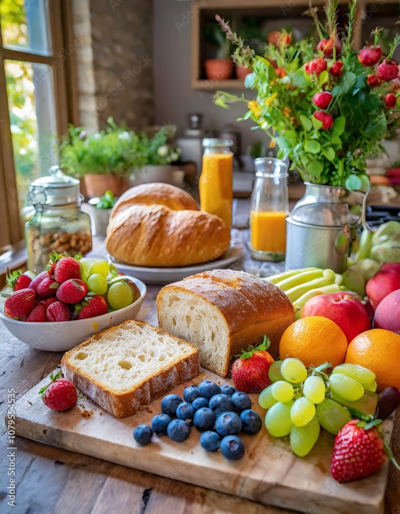 Rustic Home Kitchen Featuring Freshly Baked Gluten-Free Bread and a Variety of Organic Fruits and Vegetables for a Healthy and Nutritious Breakfast Spread