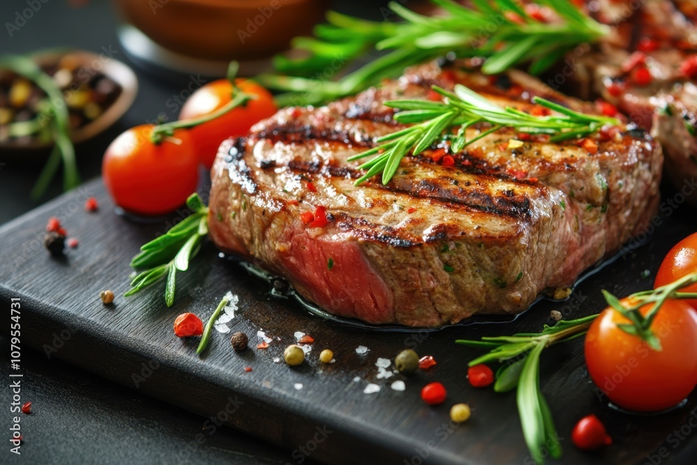 Grilled steak with rosemary and cherry tomatoes on a wooden board. Grilled steak with rosemary and cherry tomatoes on a wooden board.