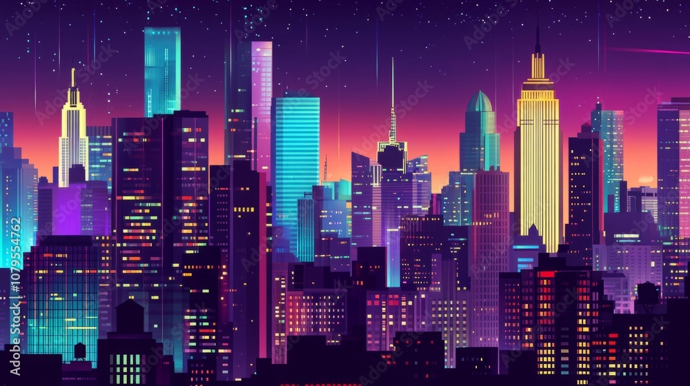 Obraz premium New York City skyline at night with illuminated skyscrapers on an isolated white background. Concept of cityscape and urban design template 