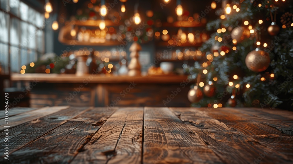 Wooden Table in Front of Christmas Tree and Bokeh Lights, Restaurant Interior Background, Space for Product Display or Montage, Holiday Decor Wooden Table in Front of Christmas Tree and Bokeh Lights, Restaurant Interior Background, Space for Product Display or Montage, Holiday Decor