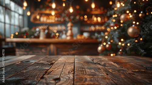 Wooden Table in Front of Christmas Tree and Bokeh Lights, Restaurant Interior Background, Space for Product Display or Montage, Holiday Decor