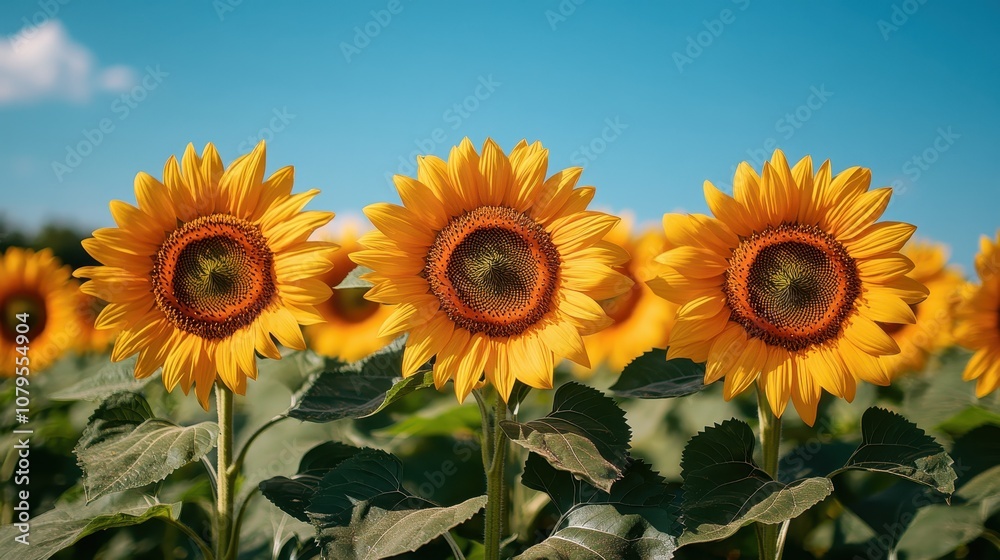 Vibrant sunflowers stretching towards a clear blue sky, a picturesque field bursting with color and warmth. Vibrant sunflowers stretching towards a clear blue sky, a picturesque field bursting with color and warmth.