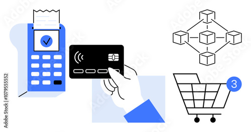 Contactless payment with credit card being tapped on a cash register, blockchain network diagram, and shopping cart with 3 items. Ideal for e-commerce, fintech, blockchain, retail, shopping, payment