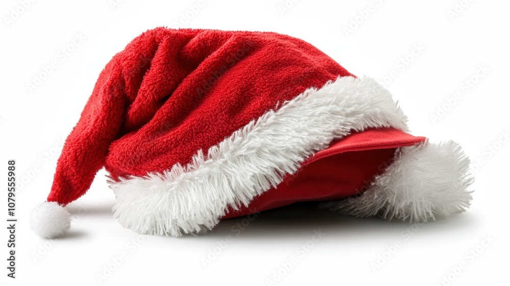 Festive Santa hat with white fluffy trim isolated on white background, symbolizing holiday cheer. Festive Santa hat with white fluffy trim isolated on white background, symbolizing holiday cheer.