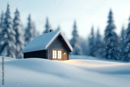 A small cabin is sitting in the snow, with a light shining on it