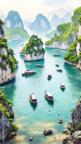 Serene bay with traditional boats and lush green islands at sunrise near a mountainous landscape. Generative AI