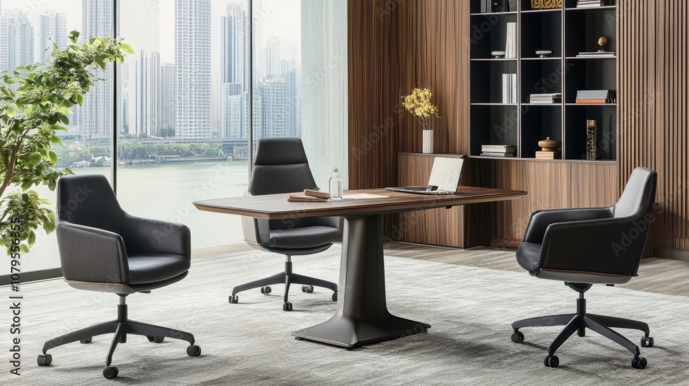 Office interior with meeting table and chairs, ceo desk near window. Mockup wall Office interior with meeting table and chairs, ceo desk near window. Mockup wall