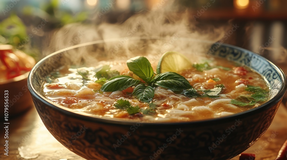 Steaming bowl of pho, vibrant herbs and lime, rich broth, inviting aroma, culinary delight, appetizing close-up, warm comfort food Steaming bowl of pho, vibrant herbs and lime, rich broth, inviting aroma, culinary delight, appetizing close-up, warm comfort food