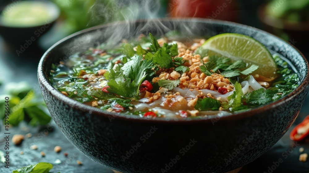 Vibrant bowl of pho steaming with fresh herbs and lime, inviting aroma, rich broth, culinary delight, appetizing presentation Vibrant bowl of pho steaming with fresh herbs and lime, inviting aroma, rich broth, culinary delight, appetizing presentation