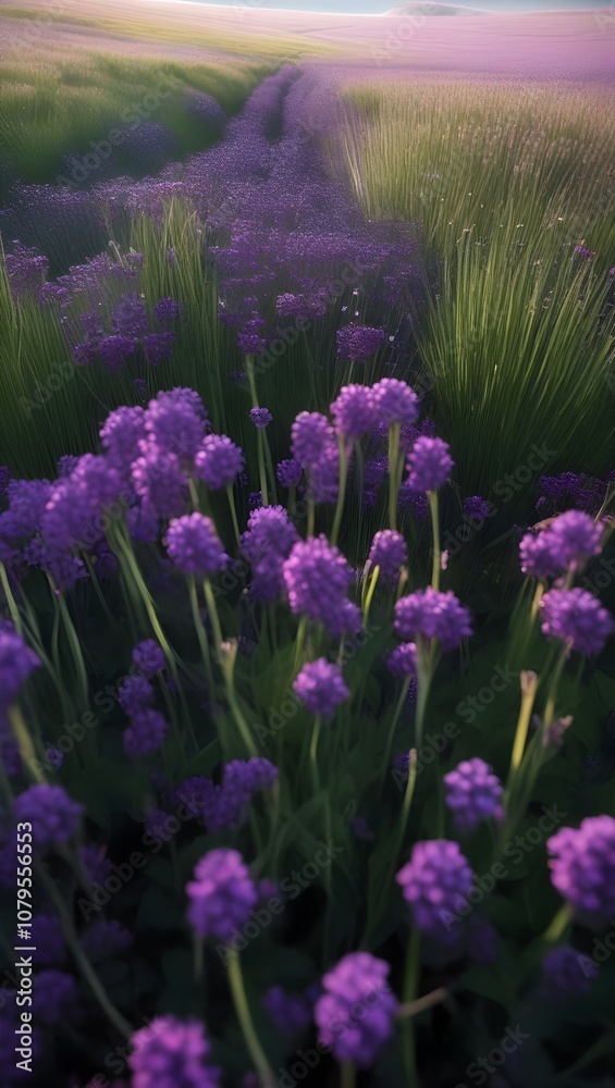 Obraz premium Purple blossoms thriving in a lush green field during golden hour by a tranquil countryside path. Generative AI