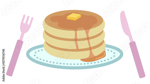 シンプルなホットケーキとカトラリーのイラスト素材セット