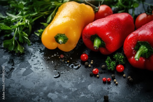 Red and Yellow Bell Peppers with Parsley and Peppercorns on a Black Background.