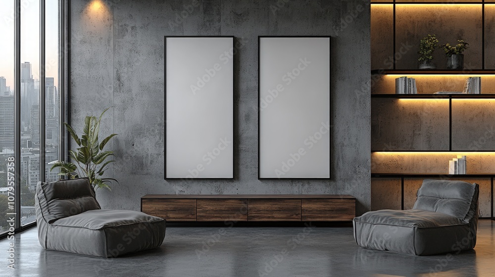 Fototapeta premium Two blank posters mockups in a modern living room with grey concrete walls, wooden shelves, and two comfy armchairs.