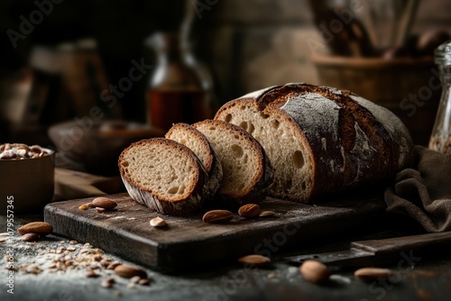 Rustic sourdough bread with almonds on a wooden cutting board.