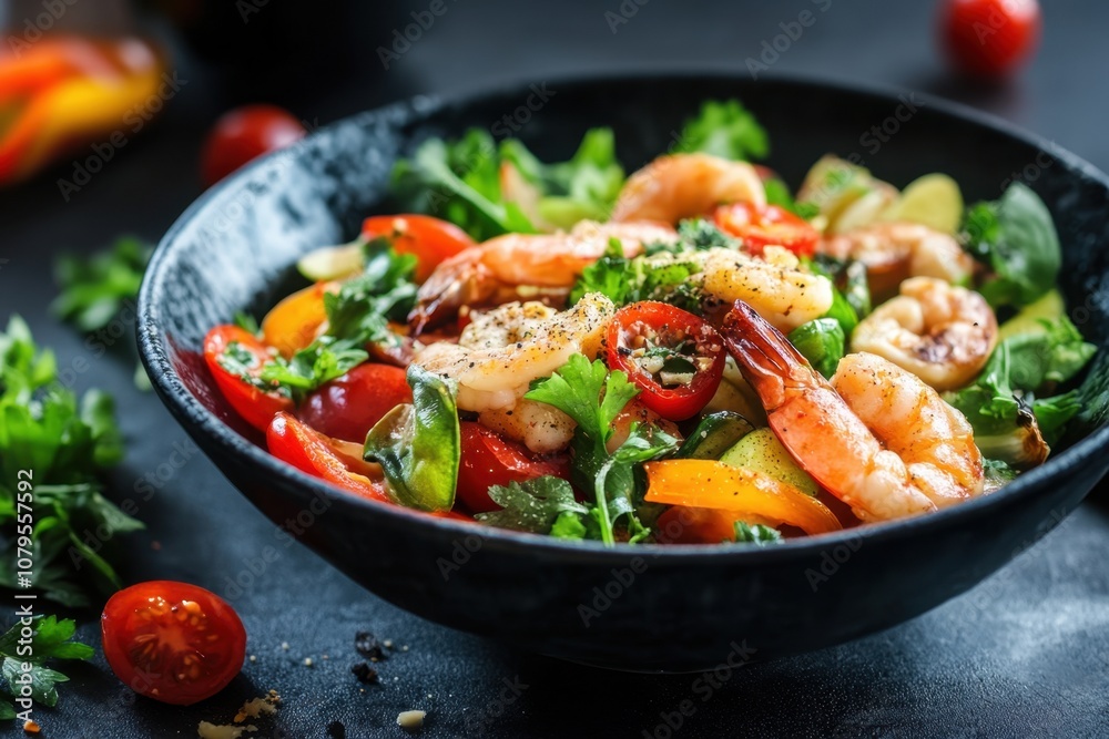 Shrimp salad with mixed greens, cherry tomatoes, and bell peppers in a black bowl. Shrimp salad with mixed greens, cherry tomatoes, and bell peppers in a black bowl.
