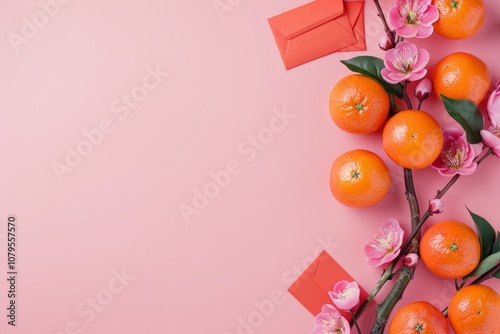 Chinese New Year with Mandarin Oranges and Red Envelopes