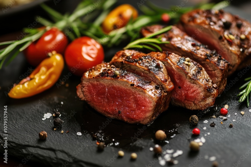Sliced medium-rare steak with rosemary and cherry tomatoes on a black slate plate. Sliced medium-rare steak with rosemary and cherry tomatoes on a black slate plate.