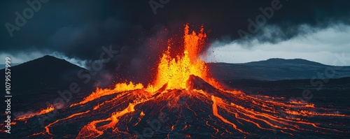 Volcano eruption showcasing lava flow and smoke against a dramatic landscape. photo