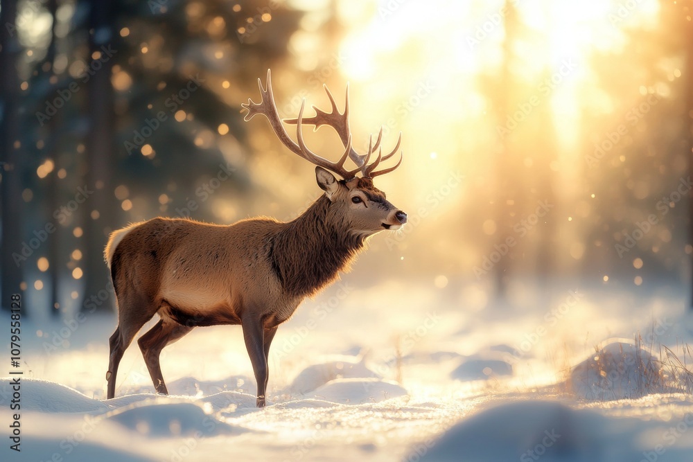 A deer stands in the snow with its head up, looking to the right A deer stands in the snow with its head up, looking to the right