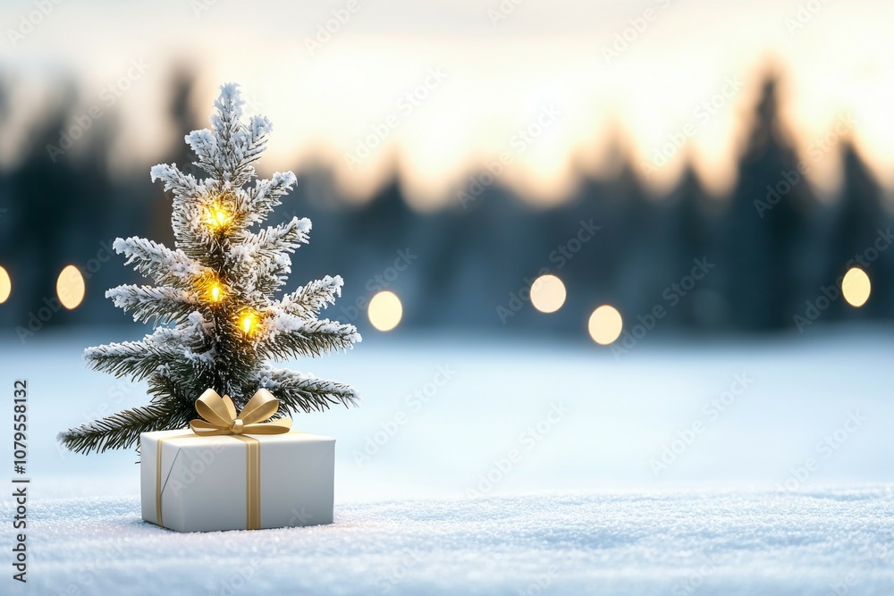 A small Christmas tree is sitting on a white box in the snow A small Christmas tree is sitting on a white box in the snow