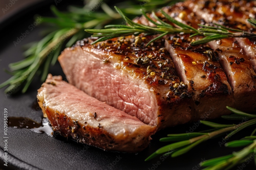 Sliced rosemary-seasoned pork tenderloin on a black plate. Sliced rosemary-seasoned pork tenderloin on a black plate.