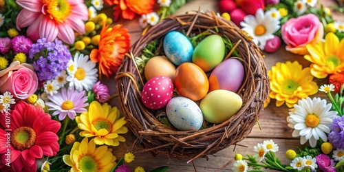 Easter eggs in a nest surrounded by colorful flowers, Easter, eggs, nest, flowers, spring, decoration, festive