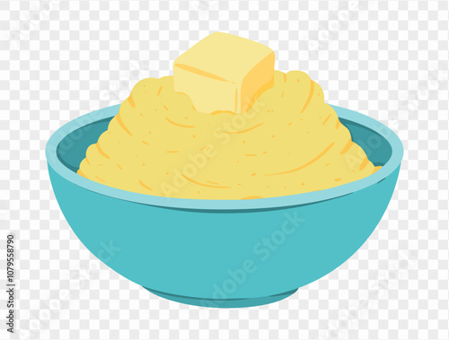 Thanksgiving mashed potatoes with a pat of melted butter on top, in a minimalist style and transparent background. Perfect for Thanksgiving designs and holiday food illustrations