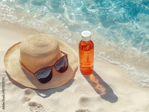 Summer essentials, vibrant sunglasses, protective sunscreen, stylish hat, sandy beach backdrop, warmth and relaxation, carefree holiday vibes photo