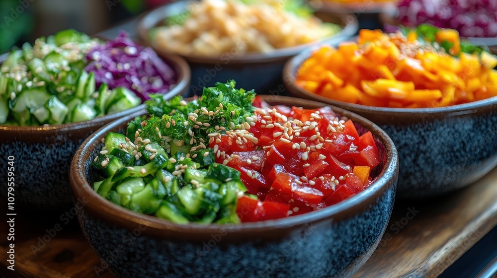 Vibrant Asian-inspired salads with sesame dressing in colorful bowls, showcasing fresh ingredients and appealing presentation Vibrant Asian-inspired salads with sesame dressing in colorful bowls, showcasing fresh ingredients and appealing presentation