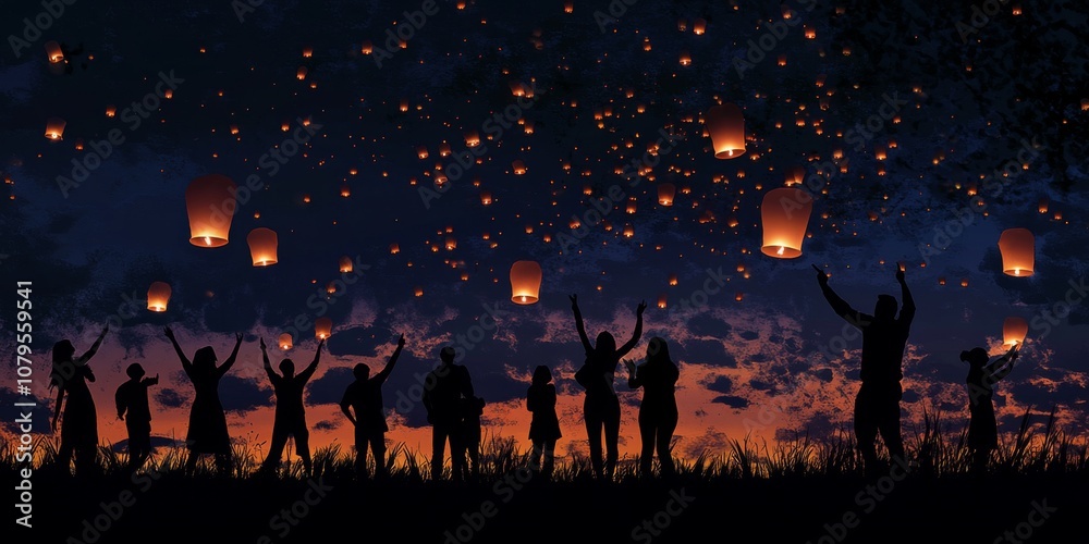 Silhouette of people releasing sky lanterns as part of the celebration,space for text Silhouette of people releasing sky lanterns as part of the celebration,space for text