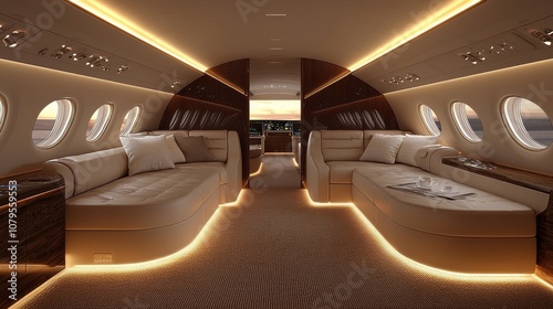 Experience luxurious travel discover the serenity of airplane interiors with dim led lighting at night photo