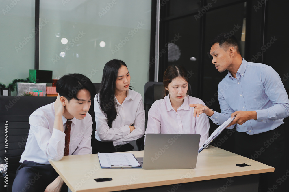 Frustrated upset multiracial business team people sad with bad work result in report disappointed in corporate bankruptcy failure crisis worried of paperwork problem sit at table at office meeting
