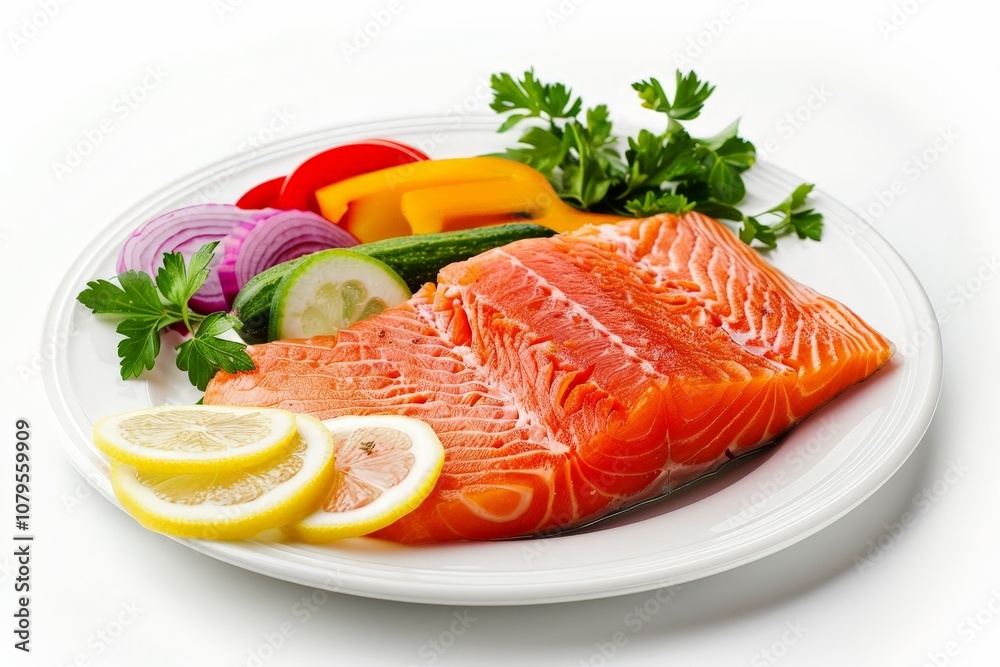 Fresh Salmon Fillet with Vegetables on White Plate Isolated On White Fresh Salmon Fillet with Vegetables on White Plate Isolated On White