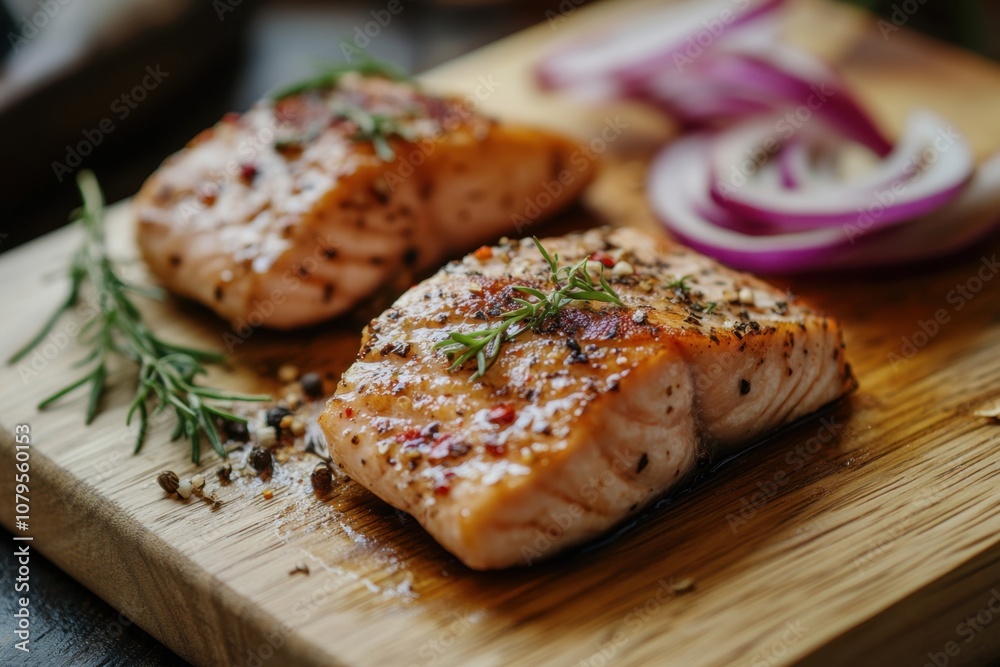 Two pieces of roasted salmon with red onion and rosemary on a wooden cutting board. Two pieces of roasted salmon with red onion and rosemary on a wooden cutting board.