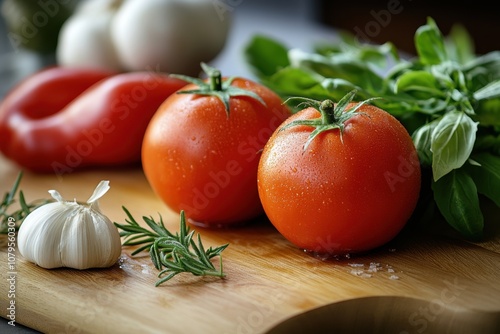 Two red tomatoes, a red pepper, garlic, rosemary and basil on a wooden cutting board. photo