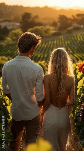 Couple enjoying wine tasting in a sunlit vineyard, surrounded by lush grapes and a warm, inviting ambiance photo