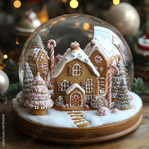 Mini gingerbread houses in a festive snow globe, sugar-frosted trees and candy cane lampposts photo