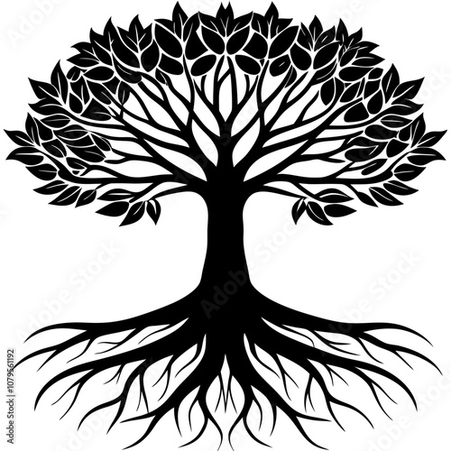 a silhouette of a large tree with roots extending 