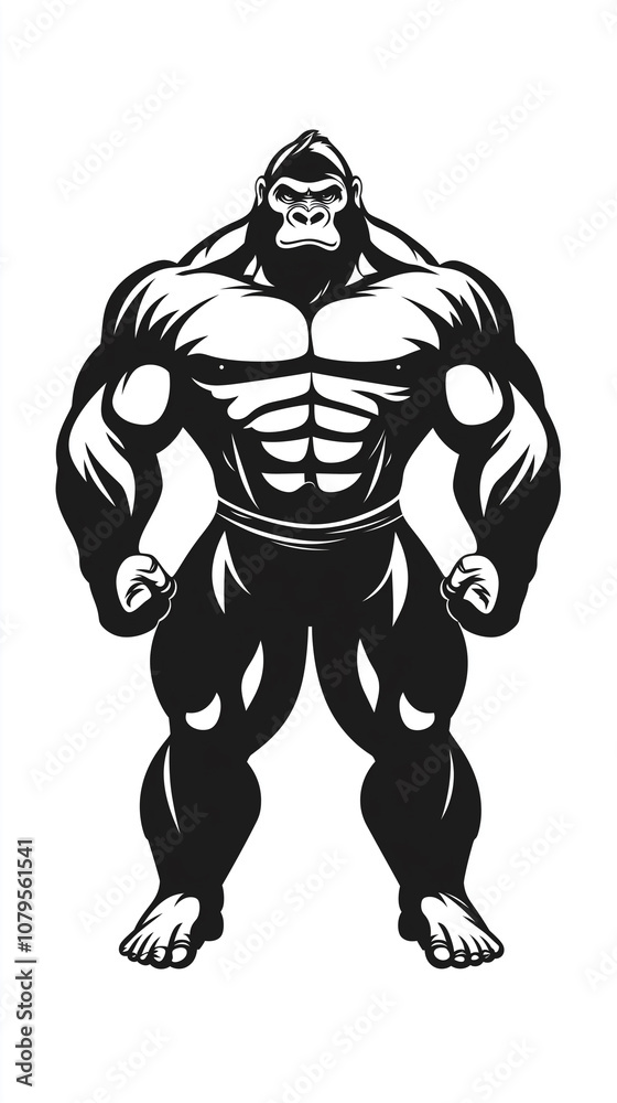 Fototapeta premium Powerful Muscular Gorilla Illustration – Fierce Black and White Vector Art Showcasing Strength and Physique, Perfect for Fitness Logos, Sports Mascots, Posters, T-Shirts, and More