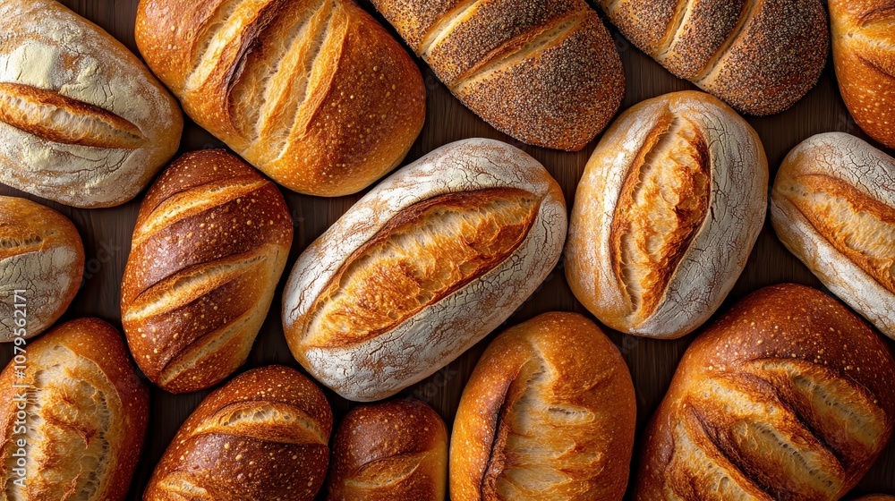 Freshly Baked Artisan Bread Loaves, Top View, Close-up, Rustic Wooden Background. Freshly Baked Artisan Bread Loaves, Top View, Close-up, Rustic Wooden Background.