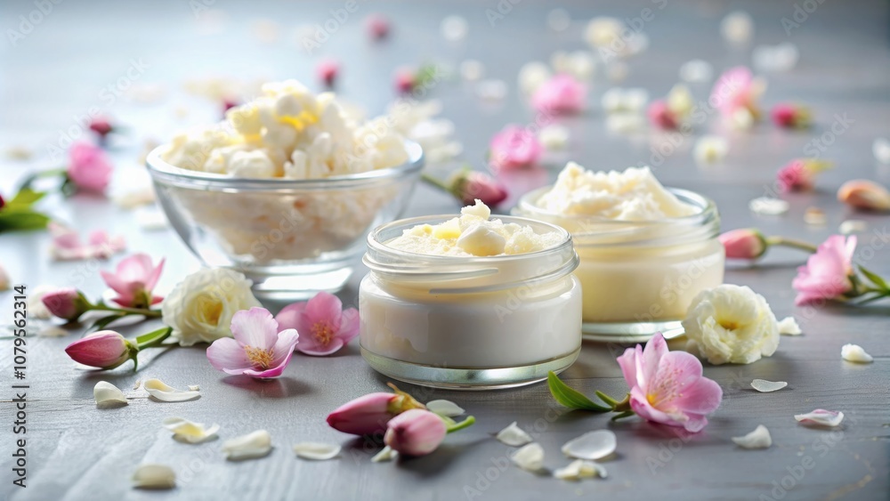 Shea butter products displayed on a sleek glass surface with scattered flower petals reflecting elegantly , skincare Shea butter products displayed on a sleek glass surface with scattered flower petals reflecting elegantly , skincare